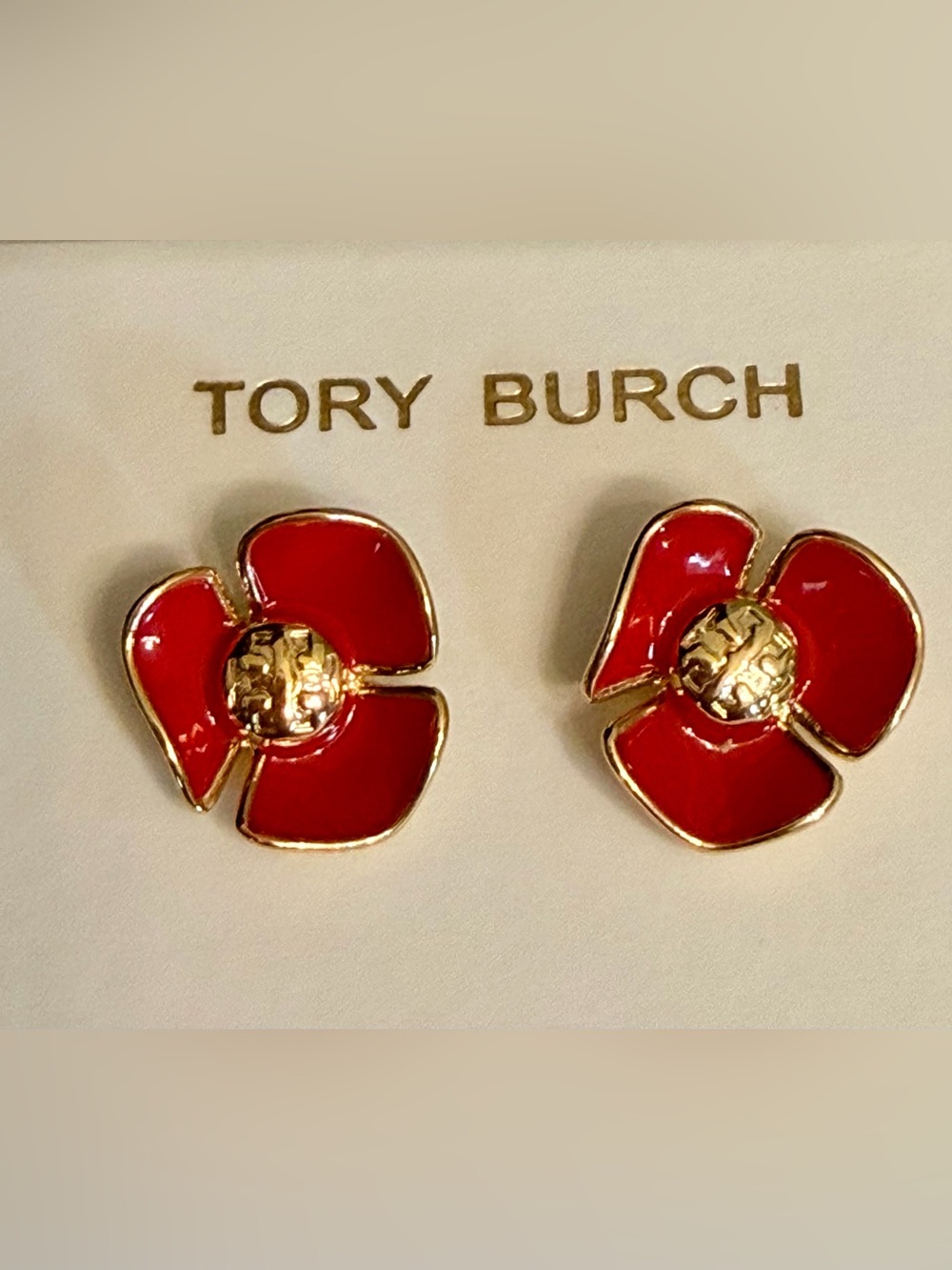 Tory Burch Red Enamel Floral Gold-Trim Stud Earrings